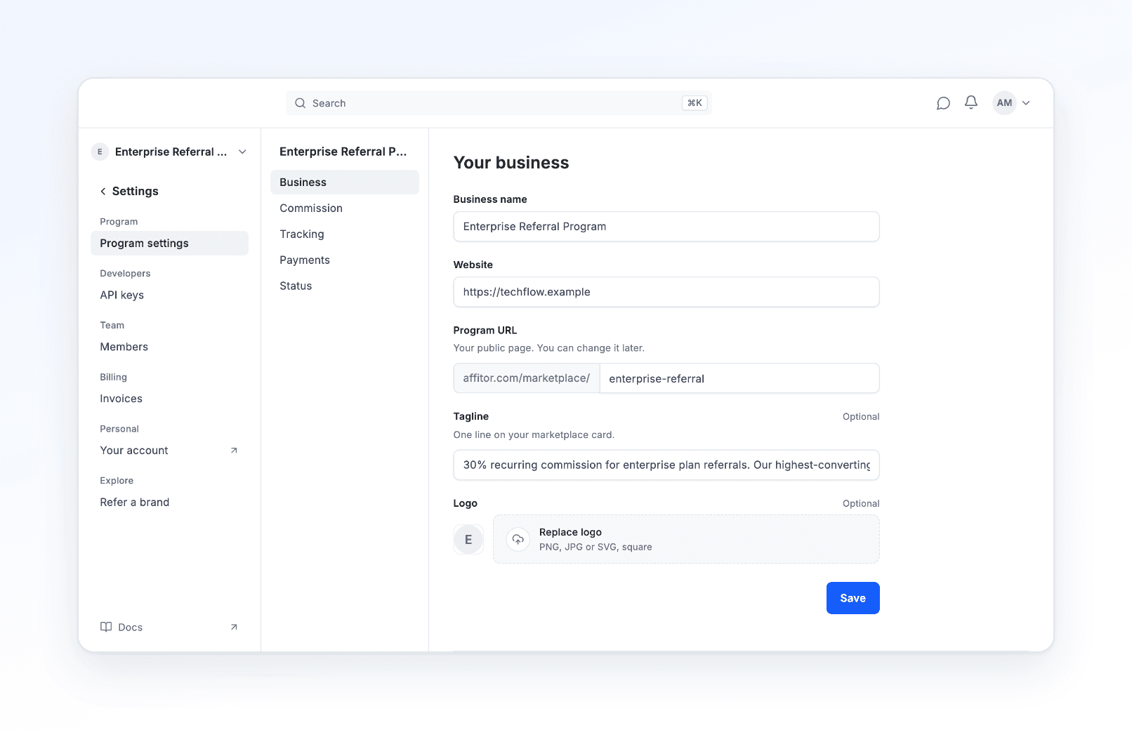 Settings for one program: the left menu with Program settings selected, its pages Business, Commission, Tracking, Payments and Status beside it, and the Business form on the right